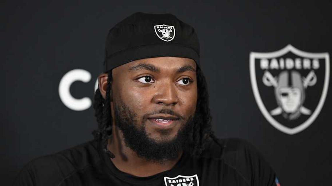  Jun 11, 2025; Henderson, NV, USA; Las Vegas Raiders defensive tackle Adam Butler (69) during Las Vegas Raiders Minicamp at Intermountain Health Performance Center. Mandatory Credit: Candice Ward-Imagn Images | Candice Ward-Imagn Images 