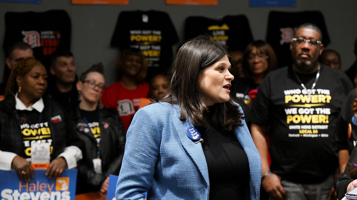 Surrounded by supporters, U.S. Rep. Haley Stevens answers questions from reporters during the Michigan Democratic Party nominating convention at Huntington Place on April 19, 2026, in Detroit. (Robin Buckson/The Detroit News/TNS)