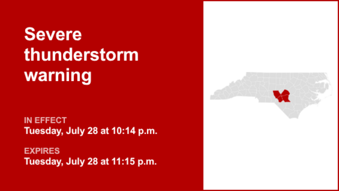 UPDATE: Severe thunderstorm warning active for North Carolina Tuesday night 