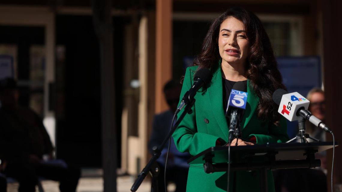 Altadena, CA - December 17: State Sen. Sasha Renee Perez speaks during a press conference at the Altadena Vistas Senior Apartments on Wednesday, Dec. 17, 2025 in Altadena, CA. Perez announced new funding to help repair and expand affordable housing lost in the Eaton fire. (Juliana Yamada / Los Angeles Times)