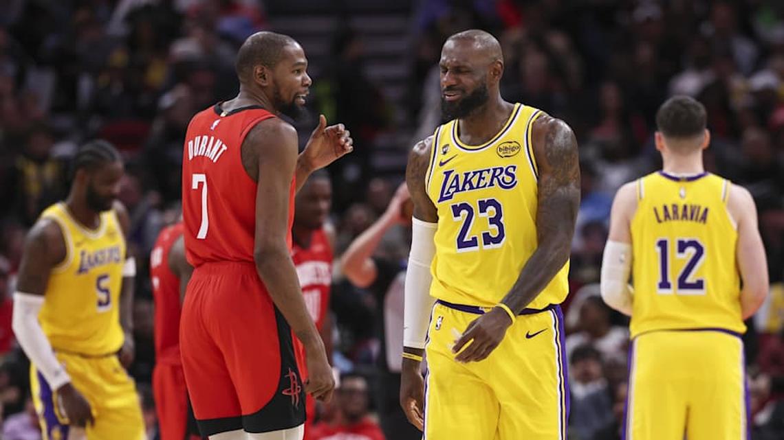  The Rockets, led by Kevin Durant, will take on LeBron James's Lakers in the first round of this year's playoffs. | Troy Taormina-Imagn Images 