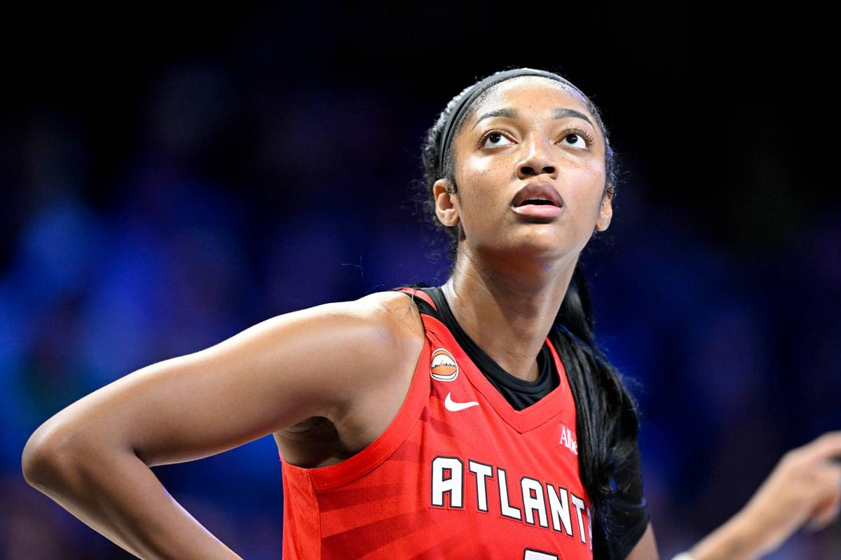  May 12, 2026; Arlington, Texas, USA; Atlanta Dream forward Angel Reese (5) looks on during the second half against the Dallas Wings at College Park Center. Mandatory Credit: Jerome Miron-Imagn Images 