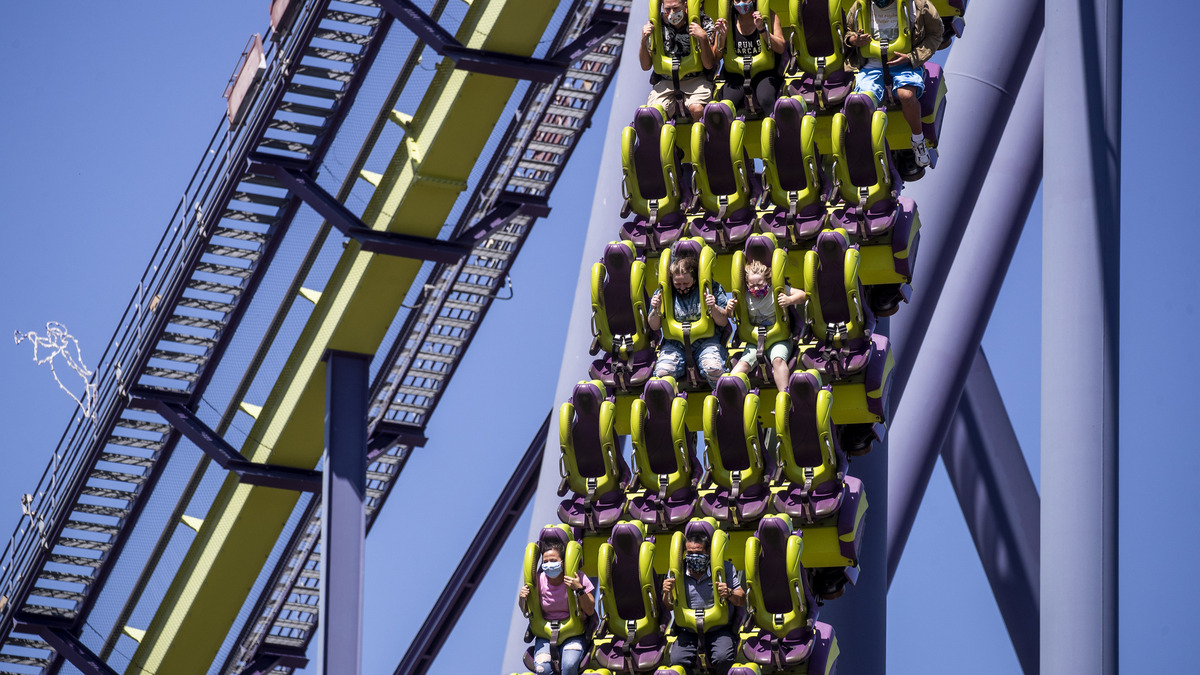 VALLEJO, CA - APRIL 1: The Medusa roller coaster takes off at Six Flags Discovery Kingdom, Thursday, April 1, 2021, for the first time with customers since the pandemic closed it last March. (Karl Mondon/Bay Area News Group)