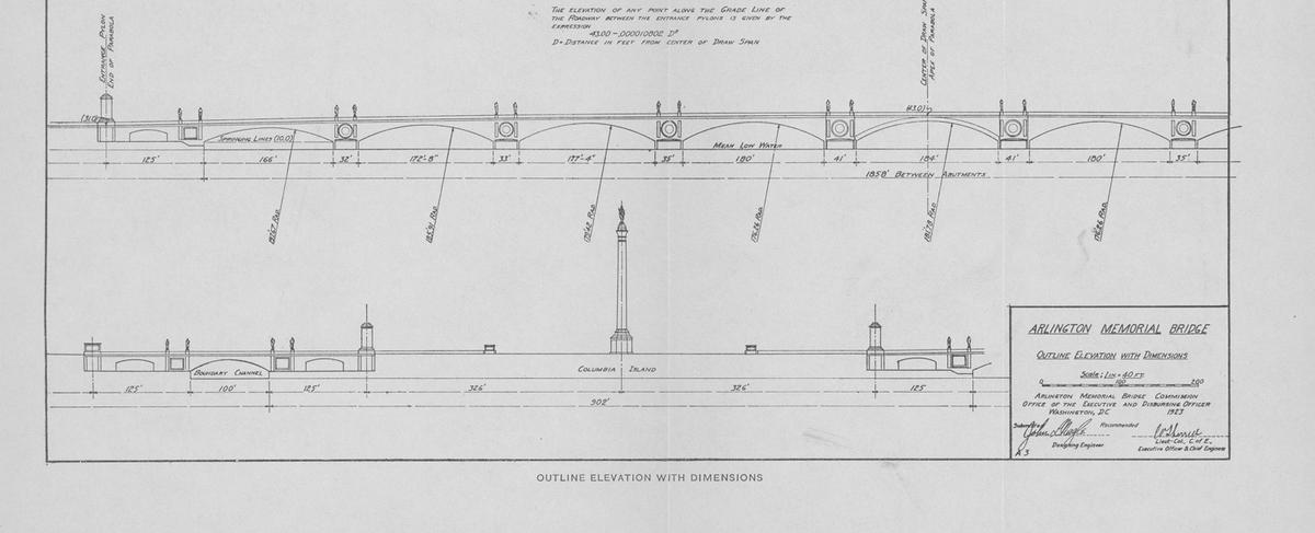  A screenshot of a detailed outline of how the bridge and the two 166-foot columns on Columbia Island would look, submitted as part of the 1924 commission report. 