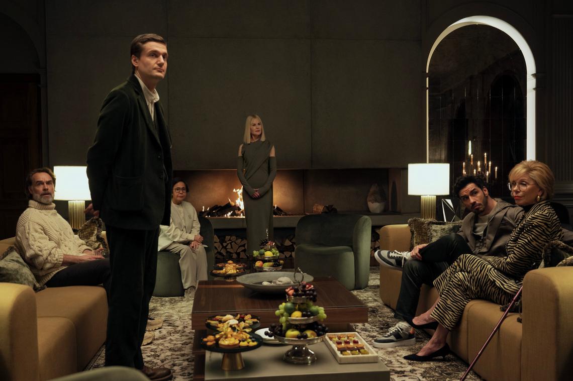 NINE PERFECT STRANGERS - “First Look” - Nine new strangers connected in ways they could never imagine are invited by mysterious guru, Masha Dmitrichenko (Nicole Kidman), to join a transformational wellness retreat in the Austrian Alps. Over the course of a week, she takes them to the brink. Will they make it? Will she? Masha is willing to try anything in the interest of healing everyone involved, including herself. (Disney/Reiner Bajo)MURRAY BARTLETT, LUCAS ENGLANDER, DOLLY DE LEON, NICOLE KIDMAN, ARAS AYDIN, CHRISTINE BARANSKI