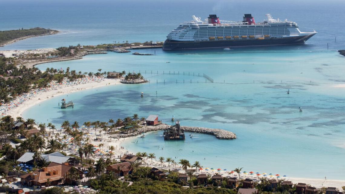 The Disney Dream docks at Castaway Cay, Disney’s private island in the tropical waters of the Bahamas.