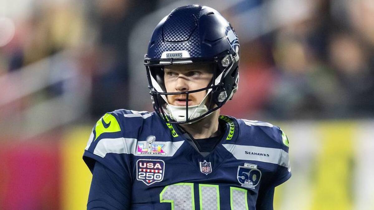  Feb 8, 2026; Santa Clara, CA, USA; Seattle Seahawks quarterback Sam Darnold (14) against the New England Patriots during Super Bowl LX at Levi's Stadium. | Mark J. Rebilas-Imagn Images 