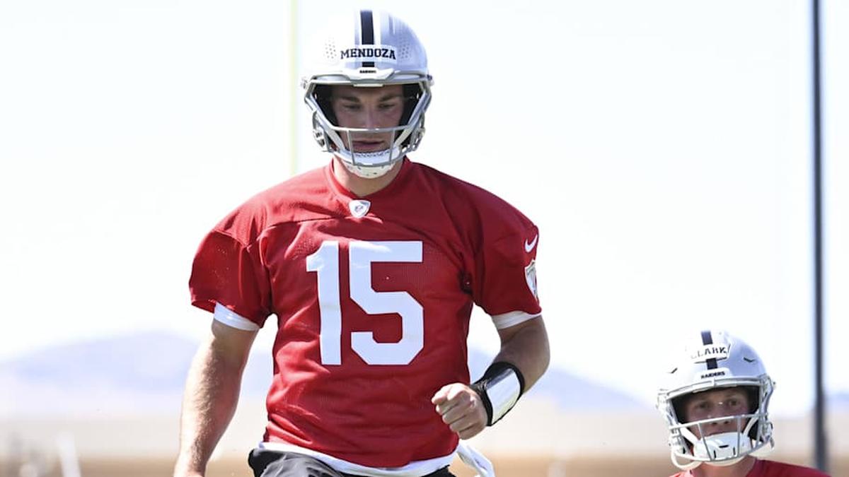  May 2, 2026; Henderson, NV, USA; Las Vegas Raiders quarterback Fernando Mendoza (15) warms up during a Rookie Minicamp at Intermountain Health Performance Center. Mandatory Credit: Candice Ward-Imagn Images | Candice Ward-Imagn Images 