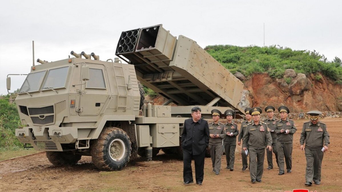 North Korean leader Kim Jong Un (C) inspecting the test launches of newly developed lightweight multi-purpose missile launching systems and tactical cruise missile systems at an undisclosed location in North Korea, 26 May 2026. Photo by KCNA / EPA
