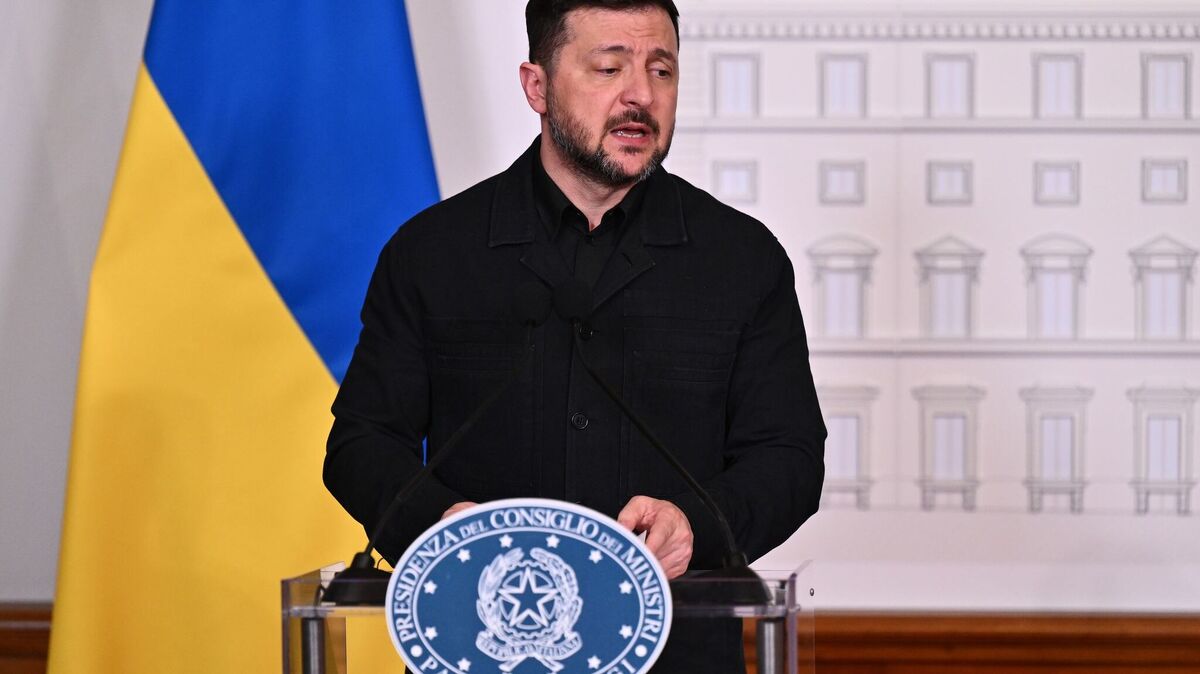 Ukrainian President Volodymyr Zelensky speaks during a joint press conference with Italian Prime Minister Giorgia Meloni (not pictured) at Palazzo Chigi in Rome. (Domenico Cippitelli/LPS via ZUMA Press Wire/dpa/TNS)