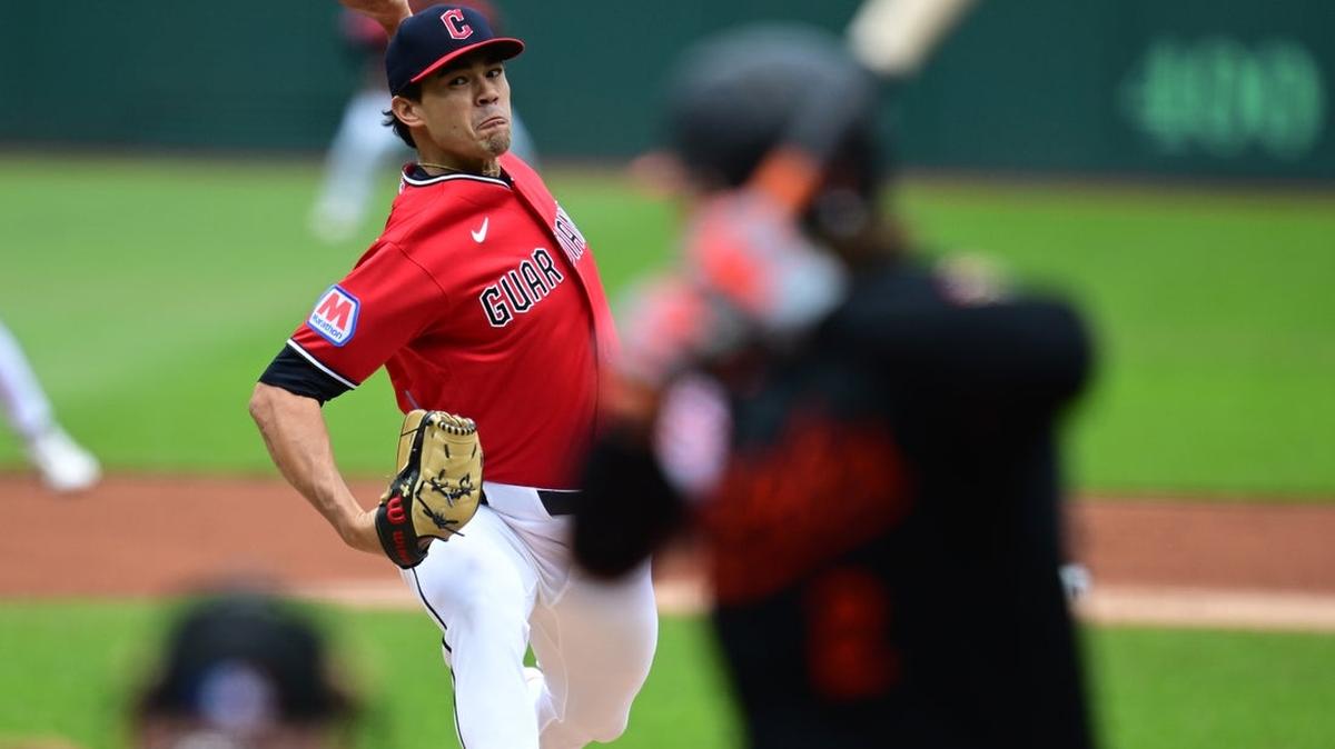 Cleveland Guardians starting pitcher Joey Cantillo (54) delivers to Baltimore Orioles shortstop Gunnar Henderson (2) during the first inning at Progressive Field. 
              