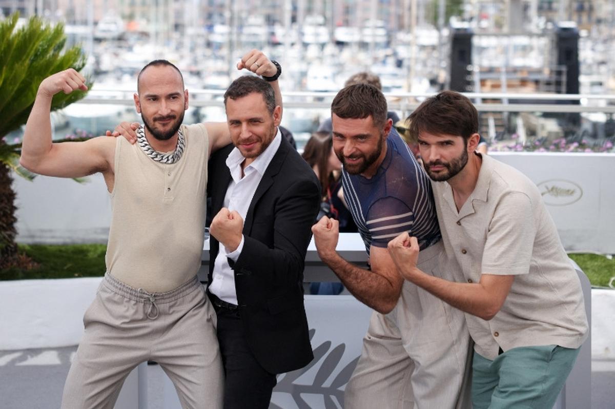Directors Marco Nguyen and Nicolas Athane, screenwriters Brice Chevillard and Simon Balteaux pose during a photocall for the  animated film "Jim Queen" presented as part of Midnight Screenings at the 79th Cannes Film Festival in Cannes, France, May 18, 2026. REUTERS/Marko Djurica
