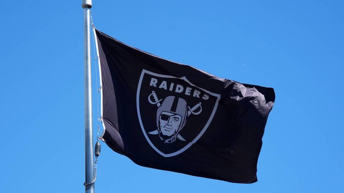  Jul 24, 2025; Henderson, NV, USA; A Las Vegas Raiders shield logo flag at the Intermountain Healthcare Performance Center. Mandatory Credit: Kirby Lee-Imagn Images | Kirby Lee-Imagn Images 