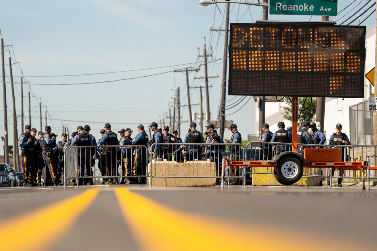 New Jersey State Police officers stand at a road block leading to Delaney Hall, in Newark, New Jersey, U.S., May 31, 2026. REUTERS/David 'Dee' Delgado