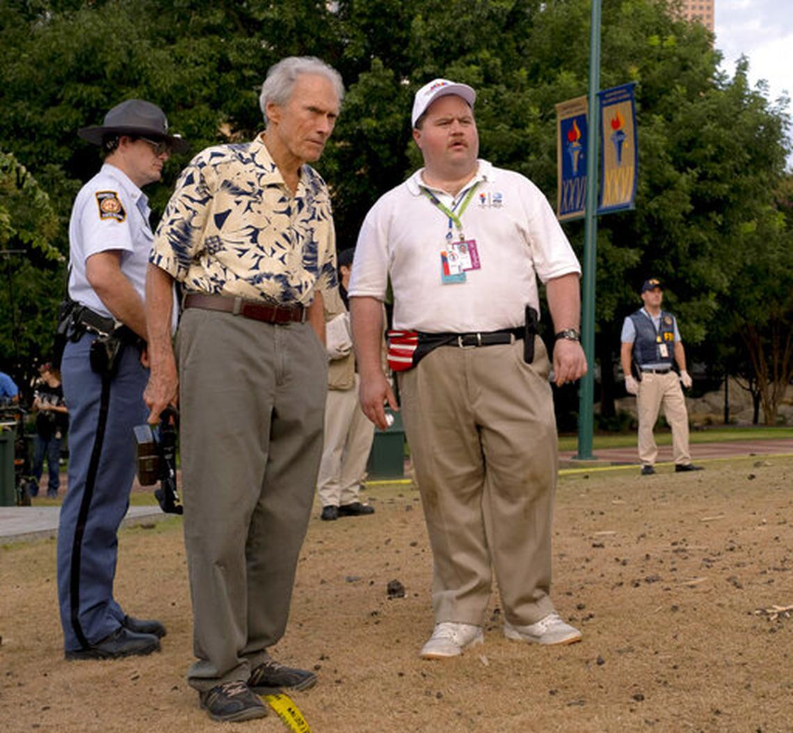 Writer-director Clint Eastwood, left, and actor Paul Walter Hauser during the filming of “Richard Jewell.” Hauser portrays the title character who went from hero to suspect after the 1996 Atlanta Olympic bombing that killed one woman.