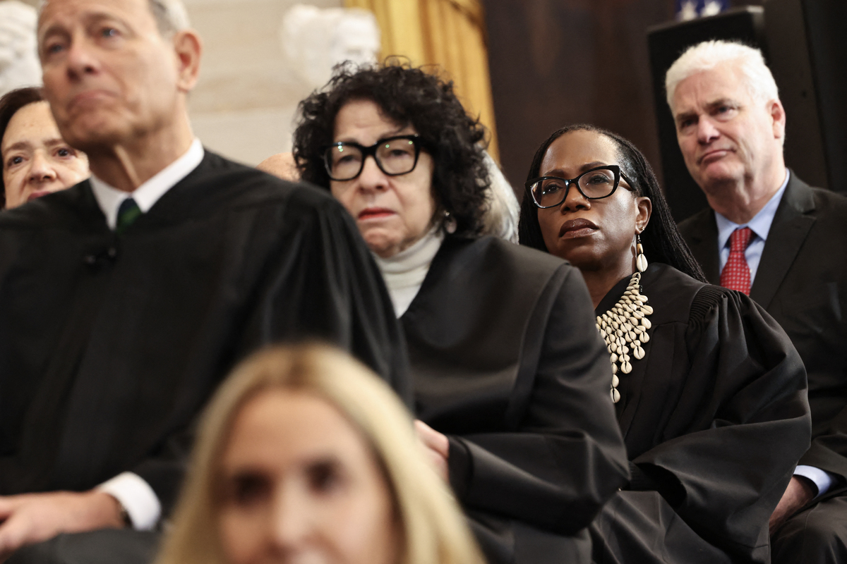  US Supreme Court Chief Justice John Roberts, US Supreme Court Associate Justice Sonia Sotomayor and US Associate Supreme Court Justice Ketanji Brown Jackson listen as US President Donald Trump speaks during inauguration ceremonies in the Rotunda of the U.S. Capitol on January 20, 2025 in Washington, DC. (Getty Images) 