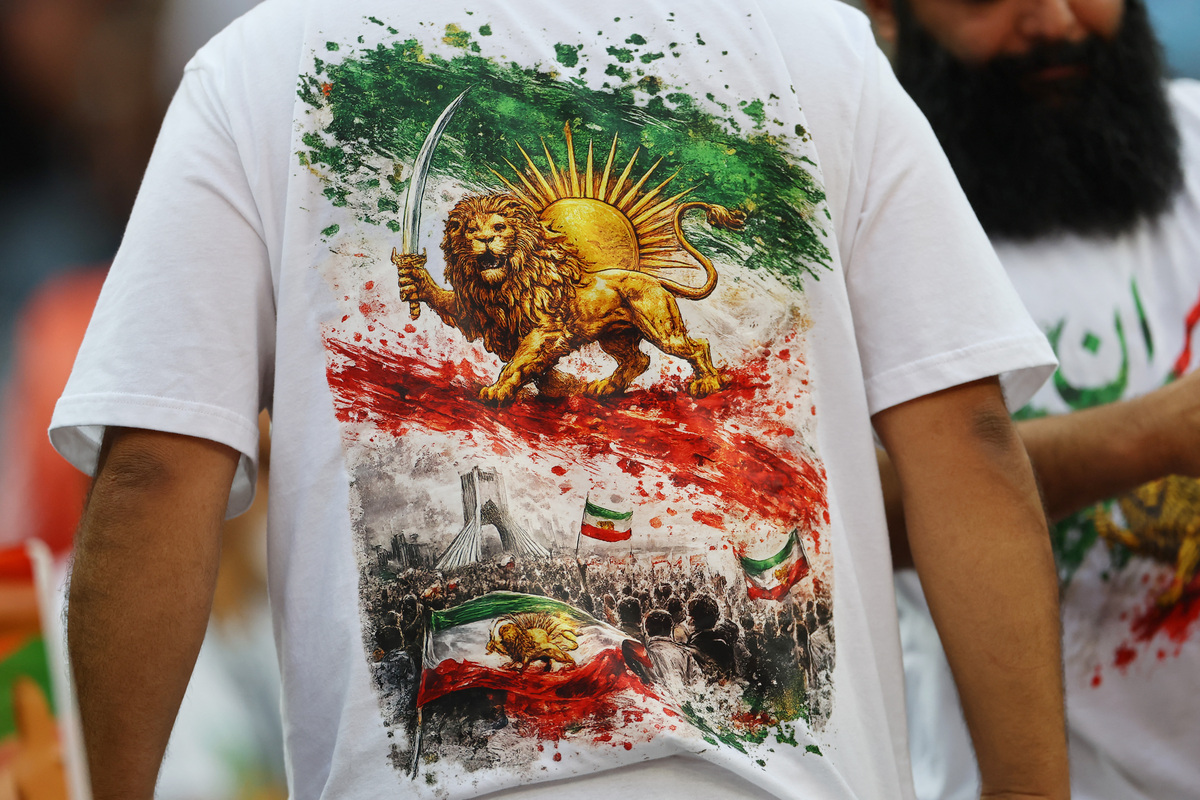 Soccer Football - FIFA World Cup 2026 - Group G - Iran v New Zealand - Los Angeles Stadium, Inglewood, California, U.S. - June 15, 2026 An Iran fan wears a pre-Iranian Revolution "Lion and Sun" t-shirt inside the stadium before the match REUTERS/Daniel Cole