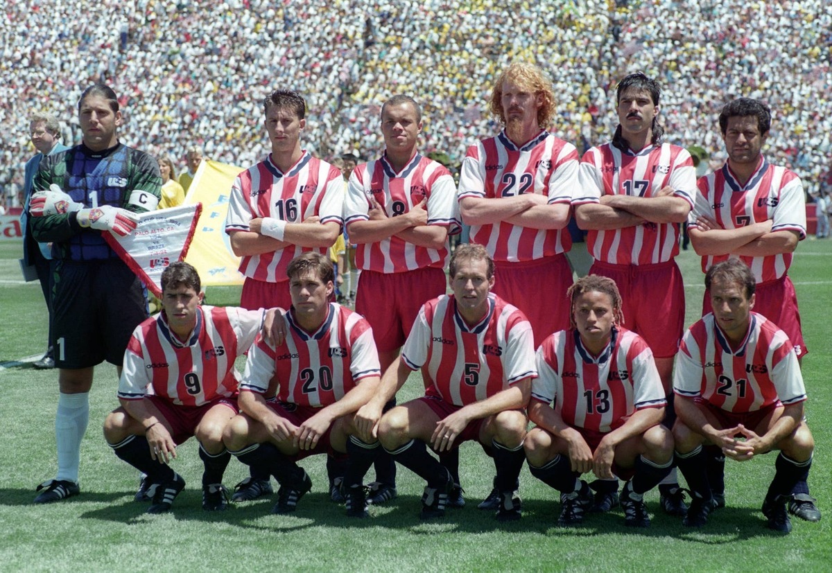  The Starting XI for the United States: Tony Meola #1, Mike Sorber #16, Earnie Stewart #8, Alexi Lalas #22, Marcelo Balboa #17, Hugo Perez #7, Tab Ramos #9, Paul Caligiuri #20, Thomas Dooley #5, Cobi Jones #13, and Fernando Clavijo #21 of the United States line up for a photo before a 1994 FIFA World Cup Round of 16 game between the United States and Brazil at Stanford Stadium in Palo Alto, California on July 4, 1994. (Photo by J.Brett Whitesell/ISI Photos/ISI Photos via Getty Images) Photo by J.Brett Whitesell/ISI Photos/ISI Photos via Getty Images