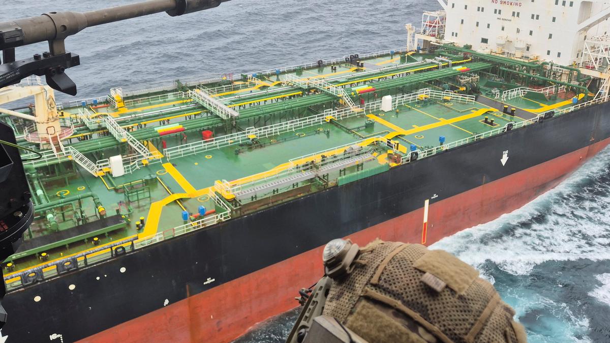 French Navy personnel approach an oil tanker, subject to international sanctions and sailing from Russia, in the Atlantic Ocean, in this handout obtained by Reuters on June 1, 2026. Marine Nationale/Handout via REUTERS