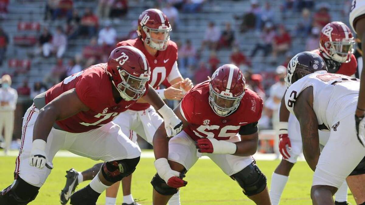 Alabama offensive lineman Evan Neal (73) and Alabama offensive lineman Emil Ekiyor Jr. (55) move to run block during Alabama's game with Texas A&M Saturday, Oct. 3, 2020, in Bryant-Denny Stadium. [Staff Photo/Gary Cosby Jr.] | USA TODAY Network via Reuters Connect 