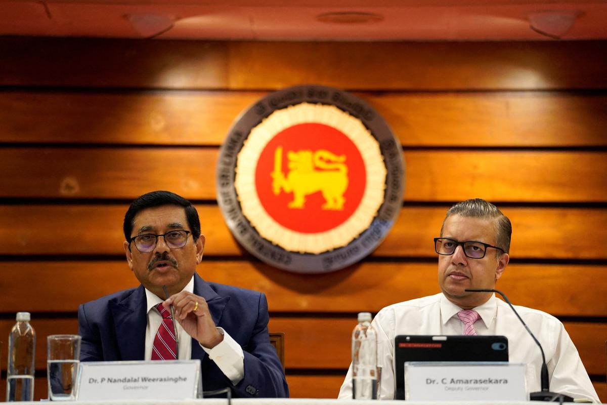 P. Nandalal Weerasinghe, Governor of the Central Bank of Sri Lanka, speaks as Deputy Governor C. Amarasekara looks on during a press conference in Colombo, Sri Lanka, May 26, 2026. REUTERS/Akila Jayawardena