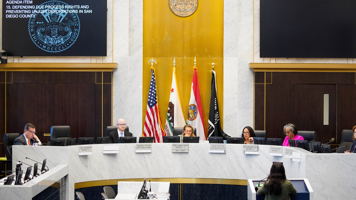 The San Diego County Board of Supervisors meets at the San Diego County Administration Center on April 8, 2025, in San Diego. (Alejandro Tamayo/The San Diego Union-Tribune/TNS)