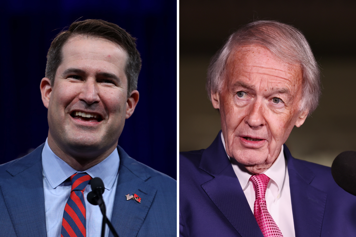  L: Representative Seth Moulton speaks at a DNC meeting on August 23, 2019. R: Senator Ed Markey speaks in Washington, D.C., on January 13, 2026. 