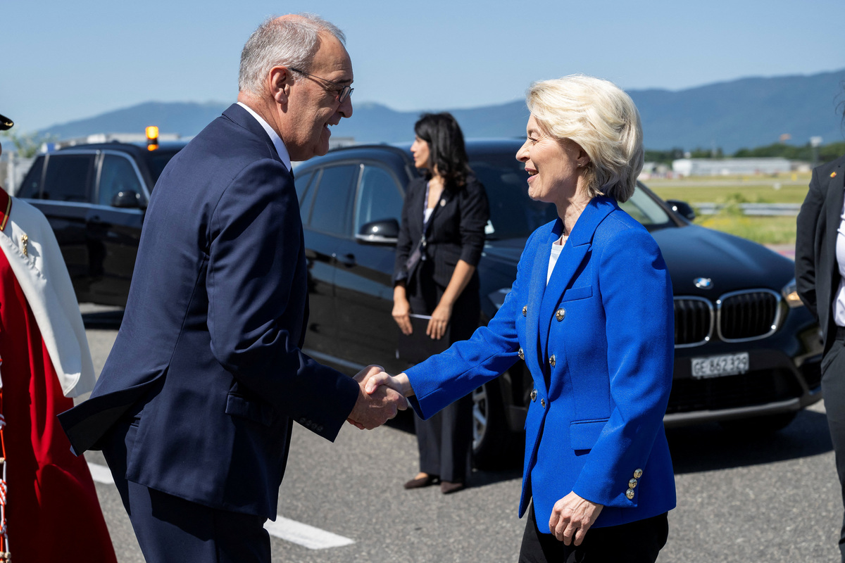 Swiss Federal President Guy Parmelin welcomes European Commission President Ursula von der Leyen prior to a trilateral meeting on the sidelines of the Evian G7 summit in Geneva Airport, Switzerland, Monday, June 15, 2026.  MARTIAL TREZZINI/Pool via REUTERS