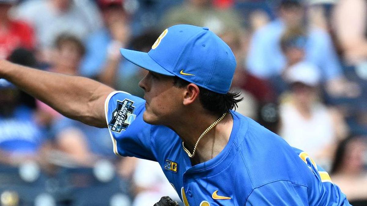  Jun 14, 2025; Omaha, Neb, USA; UCLA Bruins pitcher Easton Hawk (27) throws against the Murray State Racers during the ninth inning at Charles Schwab Field. Mandatory Credit: Steven Branscombe-Imagn Images | Steven Branscombe-Imagn Images 