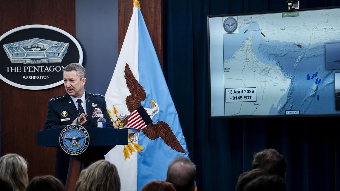 Chairman of the Joint Chiefs of Staff, Gen. Dan Caine, provides updates on the war in Iran at the Pentagon in Arlington, Va., Thursday, April 16, 2026. The Navy destroyers enforcing a blockade of Iranian ports carry weapons fielded after an American warship was attacked and nearly sunk more than 25 years ago. (Pete Marovich/The New York Times)