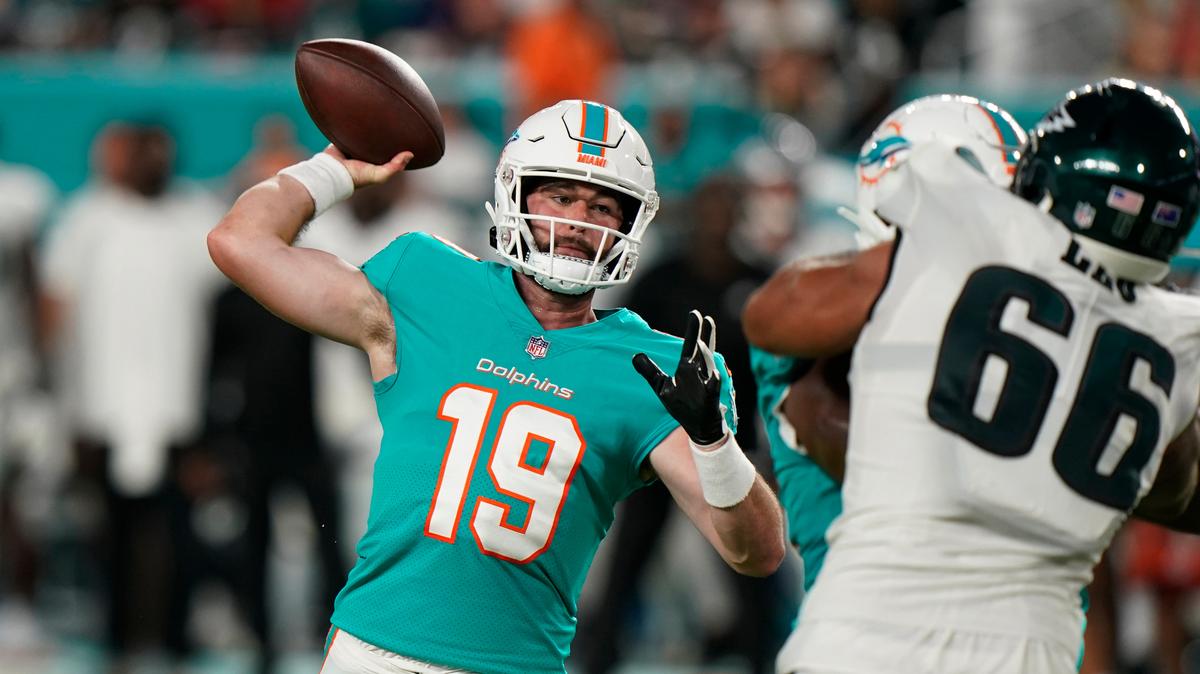 Miami Dolphins quarterback Skylar Thompson (19) aims a pass during the second half of a NFL preseason football game against the Philadelphia Eagles, Saturday, Aug. 27, 2022, in Miami Gardens, Fla. (AP Photo/Wilfredo Lee)
