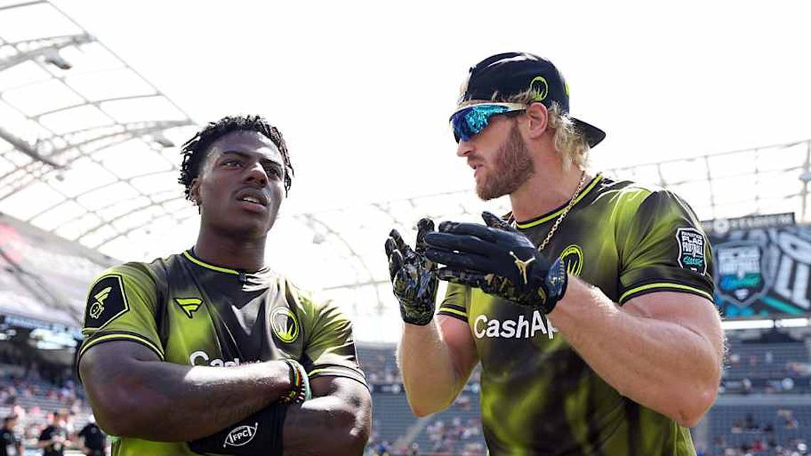  iShowSpeed (left) and Logan Paul will likely miss the spectacle. | Michael Owens/Getty Images for OBB Media/FANATICS STUDIOS 