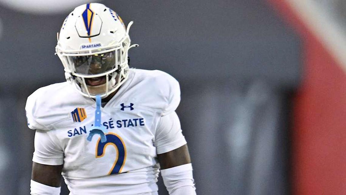  Sep 20, 2024; Pullman, Washington, USA; San Jose State Spartans defensive back DJ Harvey (2) celebrates a stop against the Washington State Cougars in the second half at Gesa Field at Martin Stadium. Mandatory Credit: James Snook-Imagn Images | James Snook-Imagn Images 