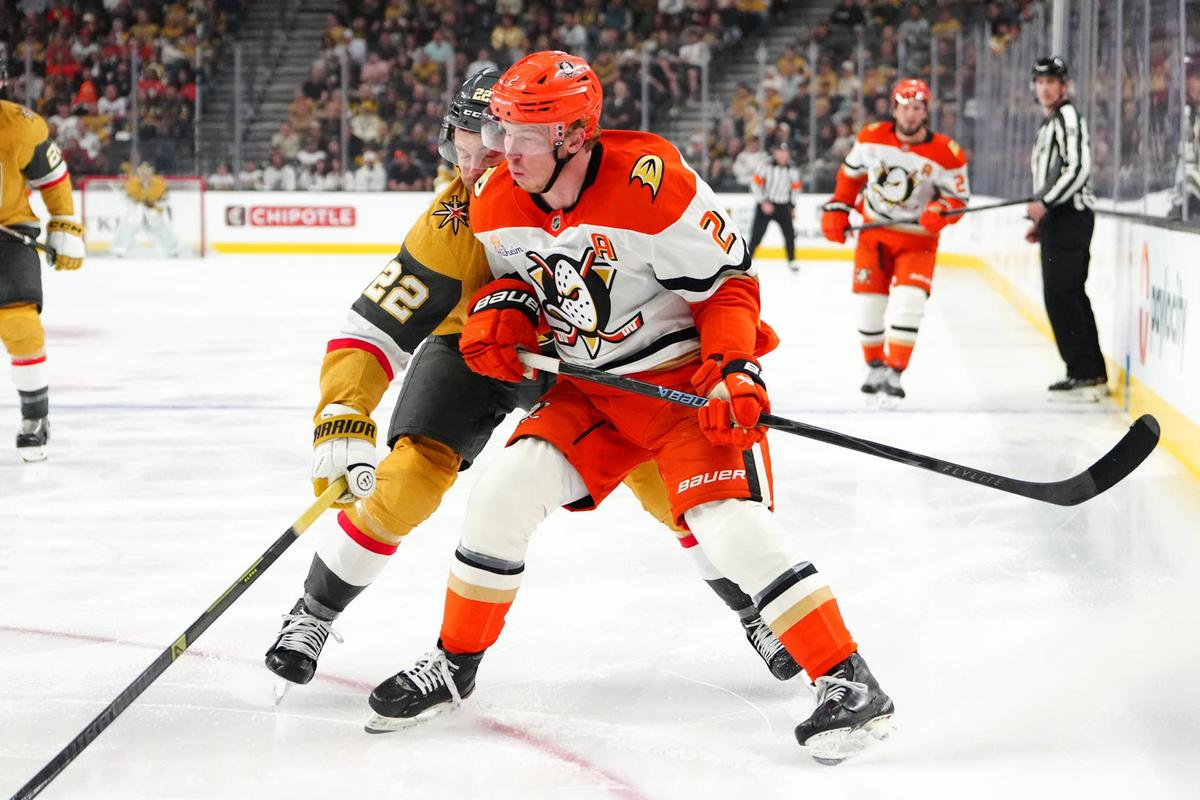  Vegas Golden Knights right wing Cole Smith checks Anaheim Ducks defenseman Jackson LaCombe during the second round of the 2026 Stanley Cup Playoffs at T-Mobile Arena. Stephen R. Sylvanie-Imagn Images