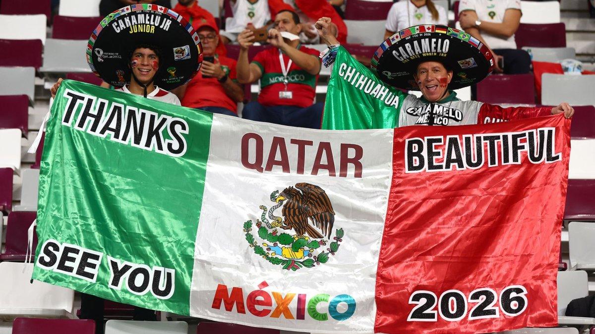 Football fans display a banner looking forward to World Cup 2026 during the 2022 FIFA World Cup third place match at Khalifa International Stadium in Doha, Qatar on December 17, 2022. Photo by Chris Brunskill/UPI