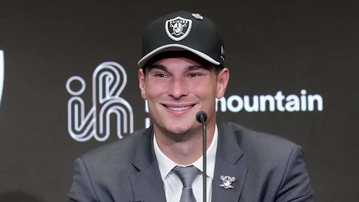  Apr 24, 2026; Henderson, NV, USA; Las Vegas Raiders quarterback Fernando Mendoza speaks at introductory press conference at Intermountain Health Performance Center after being selected as the No. 1 pick in the 2026 NFL Draft. Mandatory Credit: Kirby Lee-Imagn Images | Kirby Lee-Imagn Images 