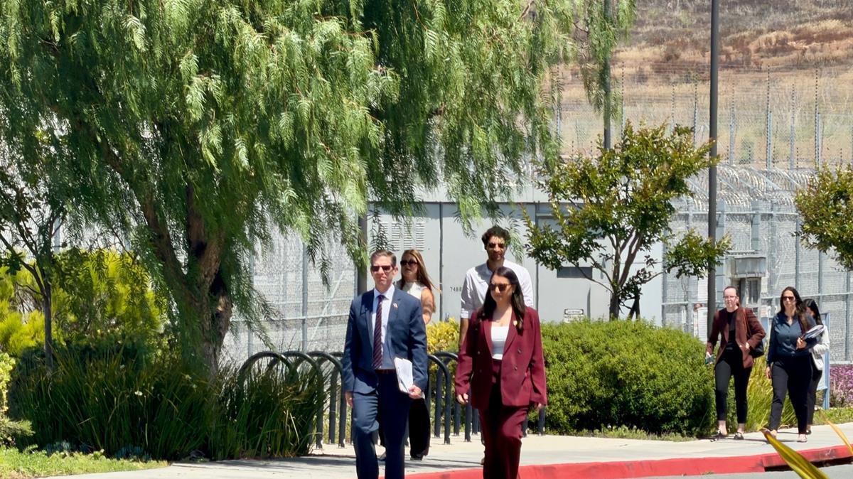 U.S. Reps. Mike Levin and Sara Jacobs exit the Otay Mesa Detention Center on Monday, May 11, 2026, following an oversight visit in San Diego. (Alexandra Mendoza/The San Diego Union-Tribune/TNS)