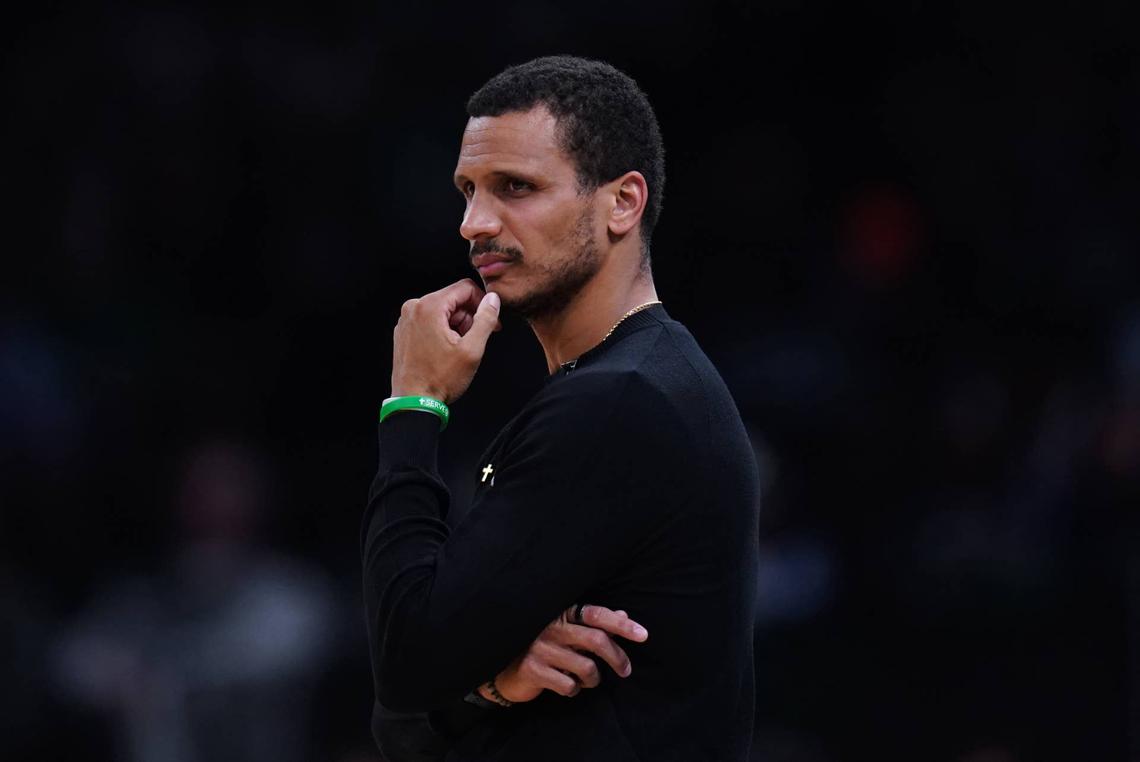  Apr 29, 2025; Boston, Massachusetts, USA; Boston Celtics head coach Joe Mazzulla watches from the sideline as they take on the Orlando Magic during game five of first round for the 2025 NBA Playoffs at TD Garden. Mandatory Credit: David Butler II-Imagn Images Mandatory Credit: David Butler II-Imagn Images