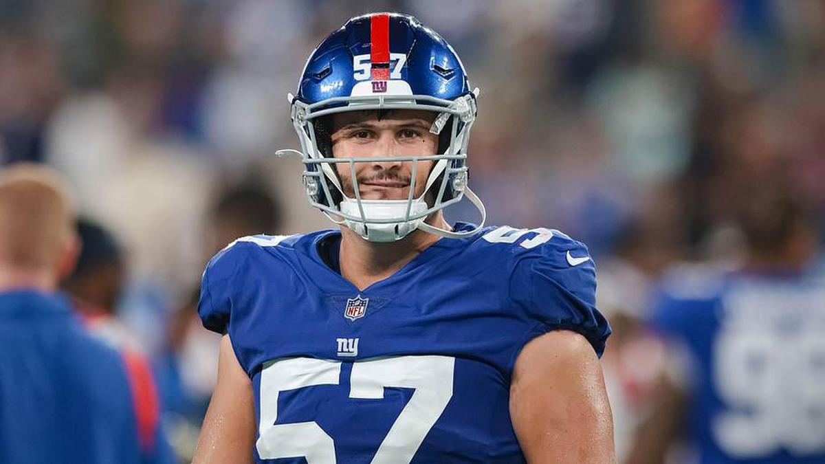  Aug 29, 2021; East Rutherford, New Jersey, USA; New York Giants defensive end Niko Lalos (57) looks on after the game against the New England Patriots at MetLife Stadium. Mandatory Credit: Vincent Carchietta-Imagn Images | Vincent Carchietta-Imagn Images 