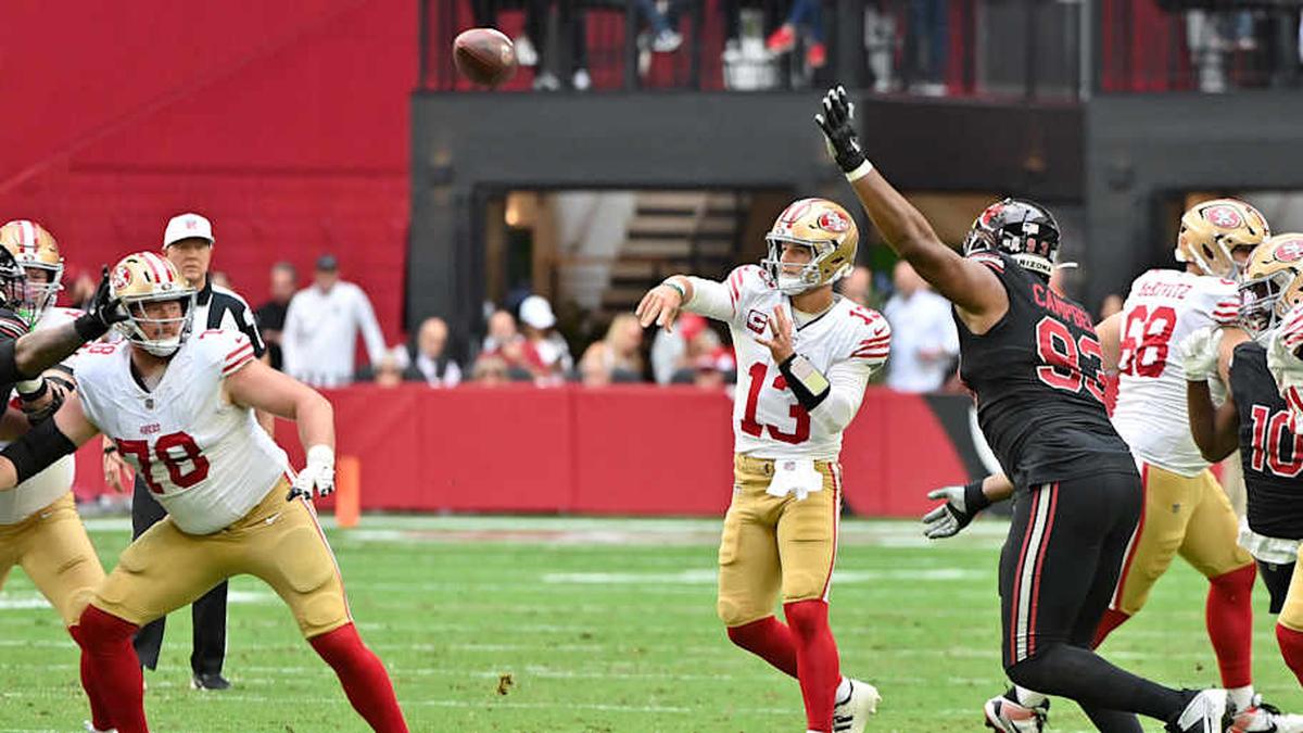  Nov 16, 2025; Glendale, Arizona, USA; San Francisco 49ers quarterback Brock Purdy (13) throws the ball in the first half against the Arizona Cardinals at State Farm Stadium. Mandatory Credit: Matt Kartozian-Imagn Images | Matt Kartozian-Imagn Images 