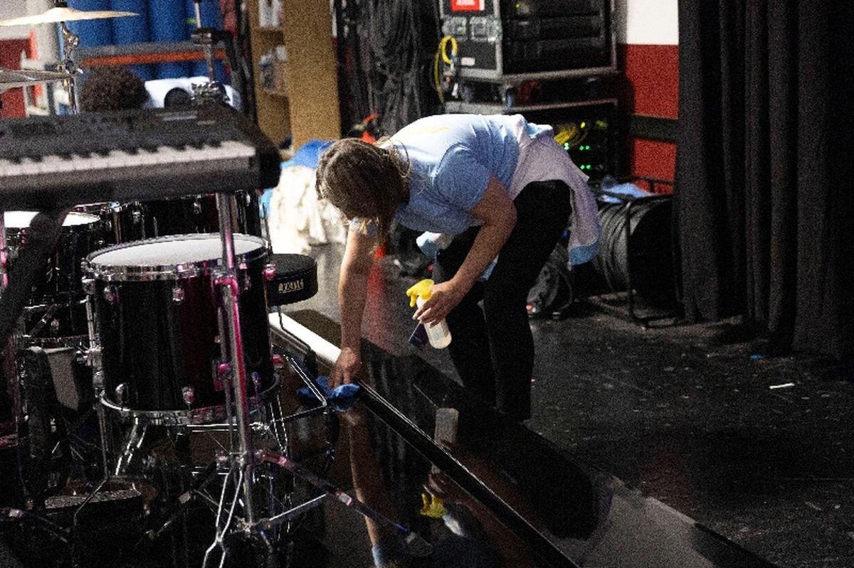A crew member of the Eurovision Song Contest 2026 works backstage during rehearsal preparations behind the main stage in Vienna, Austria, May 15, 2026. REUTERS/Lisa Leutner