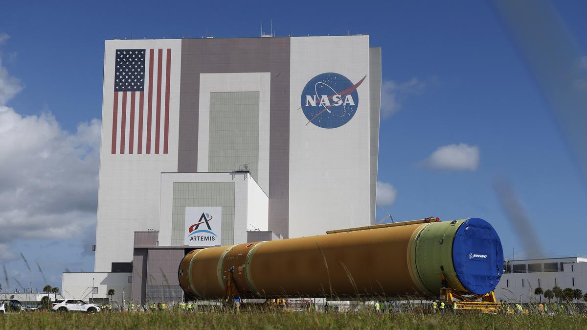 The Artemis III core stage is moved from the Pegasus barge to the Vehicle Assembly Building at the Kennedy Space Center, on Tuesday, April 28, 2026. (Ricardo Ramirez Buxeda/Orlando Sentinel/TNS)