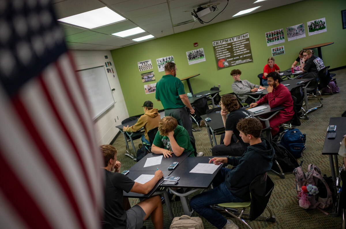  James Bell teaches integrated math at Chapman High School in Chapman, Kansas. He says it seems to help his students understand math concepts better as they prepare for higher levels and the statewide tests. Credit: Doug Barrett for The Hechinger Report