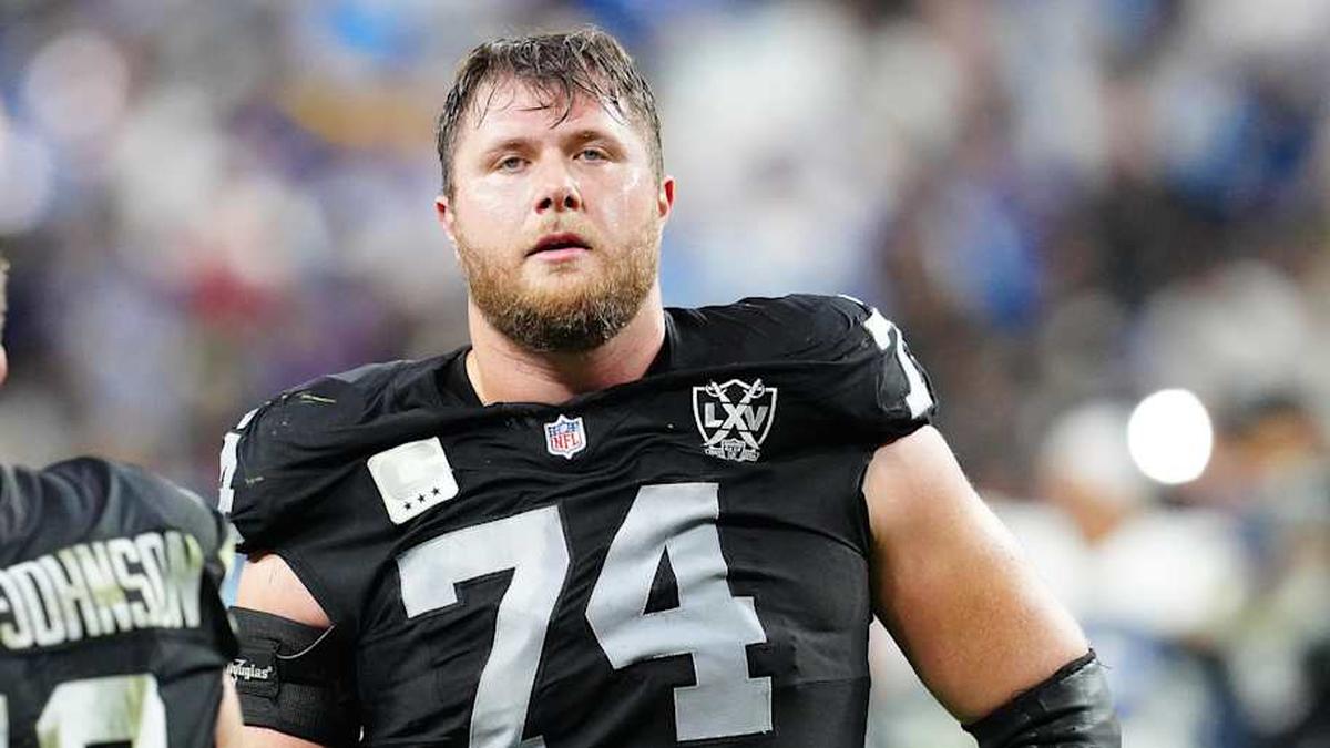  Jan 5, 2025; Paradise, Nevada, USA; Las Vegas Raiders offensive tackle Kolton Miller (74) reacts after the Raiders were defeated by the Los Angeles Chargers 34-20 at Allegiant Stadium. Mandatory Credit: Stephen R. Sylvanie-Imagn Images | Stephen R. Sylvanie-Imagn Images 