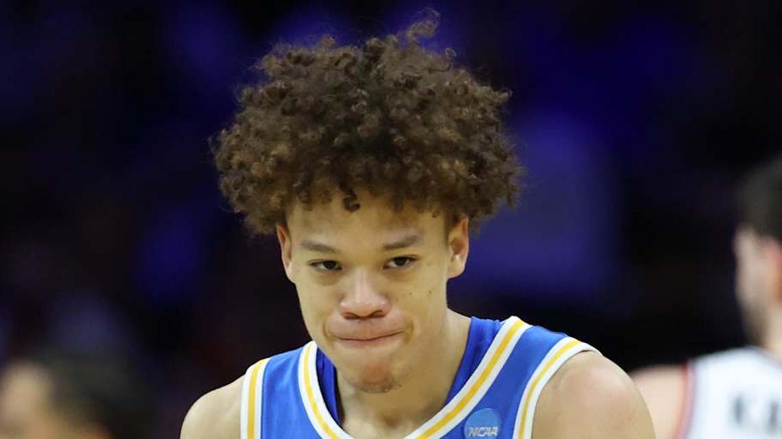  Mar 22, 2026; Philadelphia, PA, USA; UCLA Bruins guard Trent Perry (0) reacts against the UConn Huskies in the first half during a second round game of the men's 2026 NCAA Tournament at Xfinity Mobile Arena. Mandatory Credit: Bill Streicher-Imagn Images | Bill Streicher-Imagn Images 
