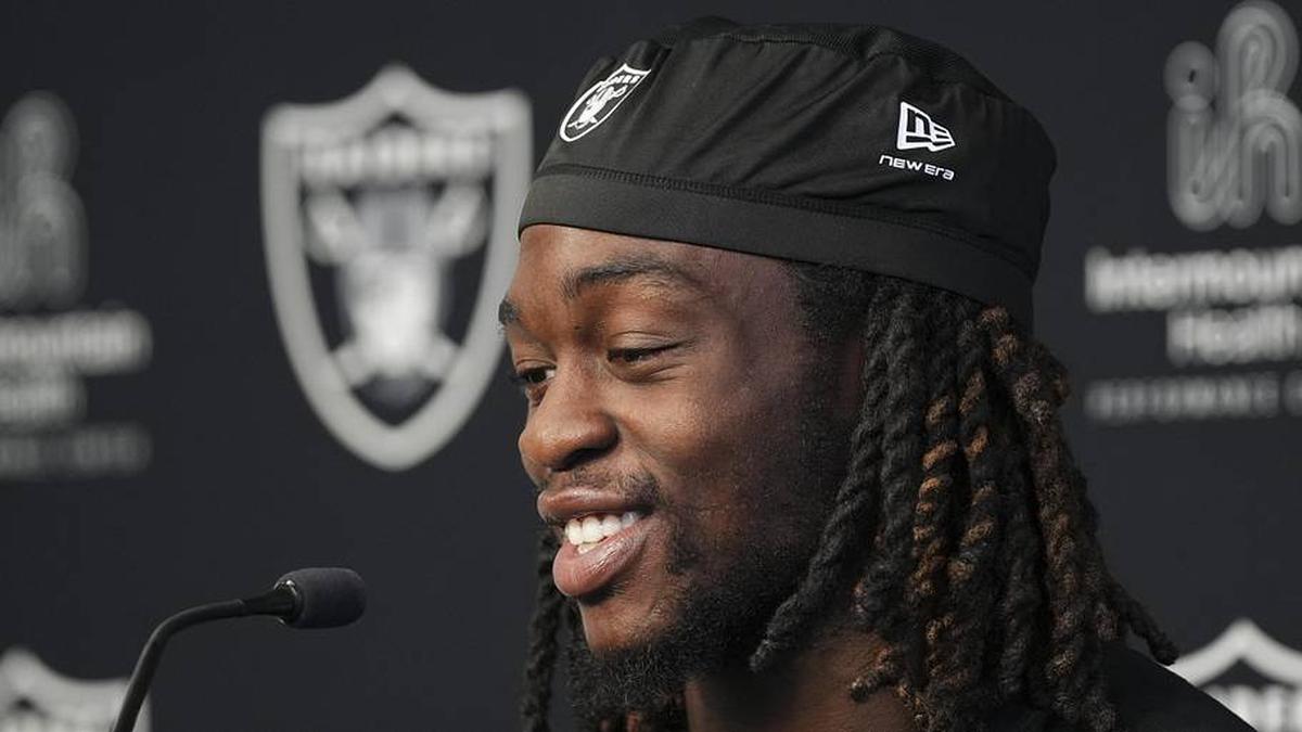  May 20, 2026; Henderson, NV, USA; Las Vegas Raiders running back Ashton Jeanty (2) speaks during a news conference during organized team activities at Intermountain Health Performance Center. Mandatory Credit: Candice Ward-Imagn Images | Candice Ward-Imagn Images 