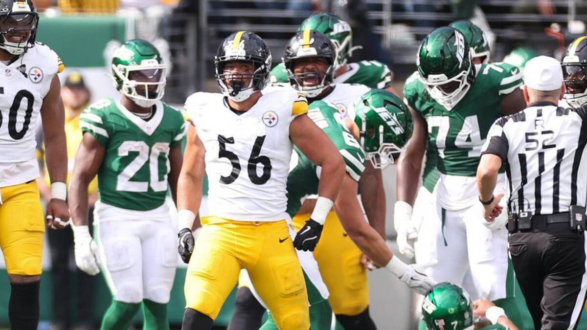  Sep 7, 2025; East Rutherford, New Jersey, USA; Pittsburgh Steelers linebacker Alex Highsmith (56) reacts to a defensive play during the second half against the New York Jets at MetLife Stadium. Mandatory Credit: Wendell Cruz-Imagn Images | Wendell Cruz-Imagn Images 