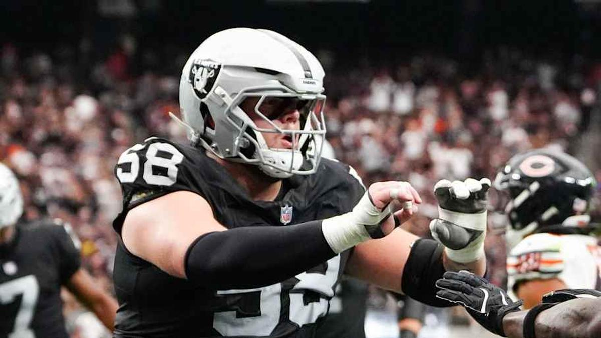  Sep 28, 2025; Paradise, Nevada, USA; Las Vegas Raiders running back Ashton Jeanty (2) celebrates a touchdown with center Jackson Powers-Johnson (58) during the first quarter against the Chicago Bears at Allegiant Stadium. Mandatory Credit: Stephen R. Sylvanie-Imagn Images | Stephen R. Sylvanie-Imagn Images 