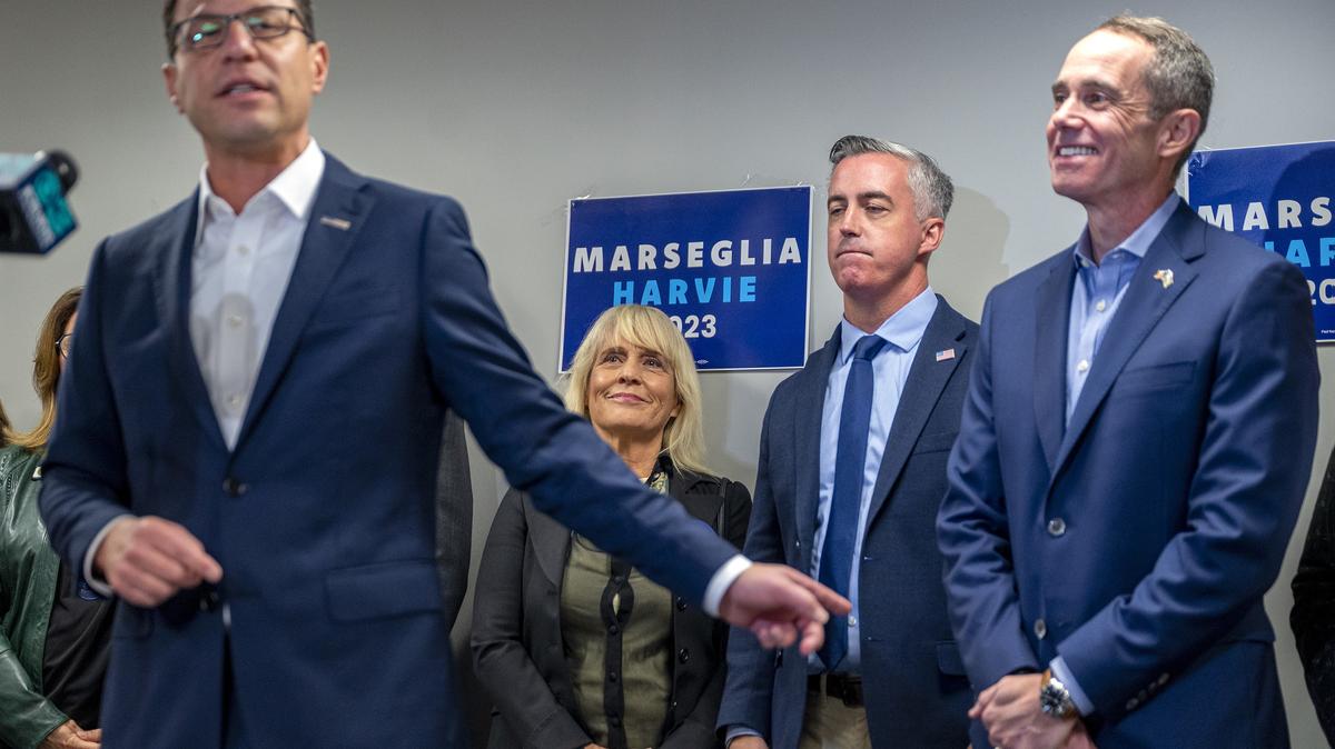 Pennsylvania Gov. Josh Shapiro campaigns in Newtown, Pa., in 2023 for Bucks County Democrats Diane Ellis-Marseglia (center left) and Bob Harvie (center right). Harvie, now a county commissioner, has Shapiro's endorsement for Congress. (Tom Gralish/The Philadelphia Inquirer/TNS)