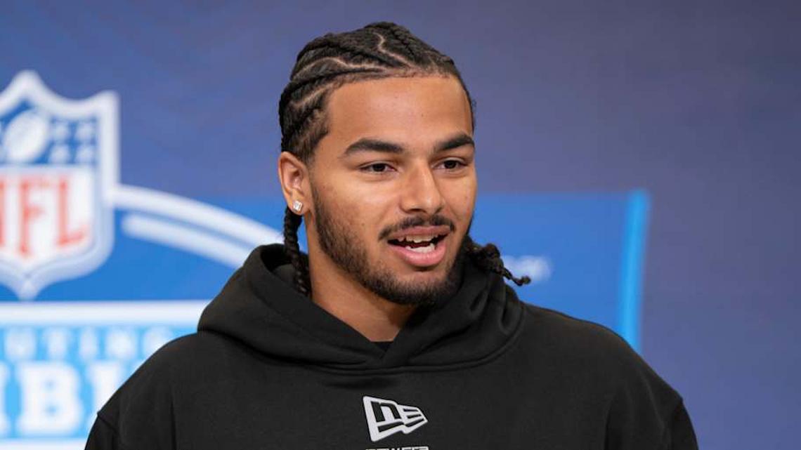  Feb 26, 2026; Indianapolis, IN, USA; Arizona defensive back Treydan Stukes (DB49) speaks to members of the media during the NFL Combine at the Indiana Convention Center. Mandatory Credit: Jacob Musselman-Imagn Images | Jacob Musselman-Imagn Images 